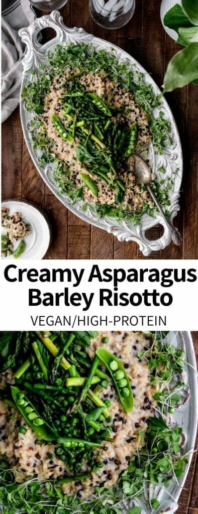 This Vegan Asparagus Barley Risotto is a comforting dinner recipe that's topped with bright and fresh spring produce! Made with whole grain pearl barley, it's a unique take on a traditional dish and easily customized.Â 