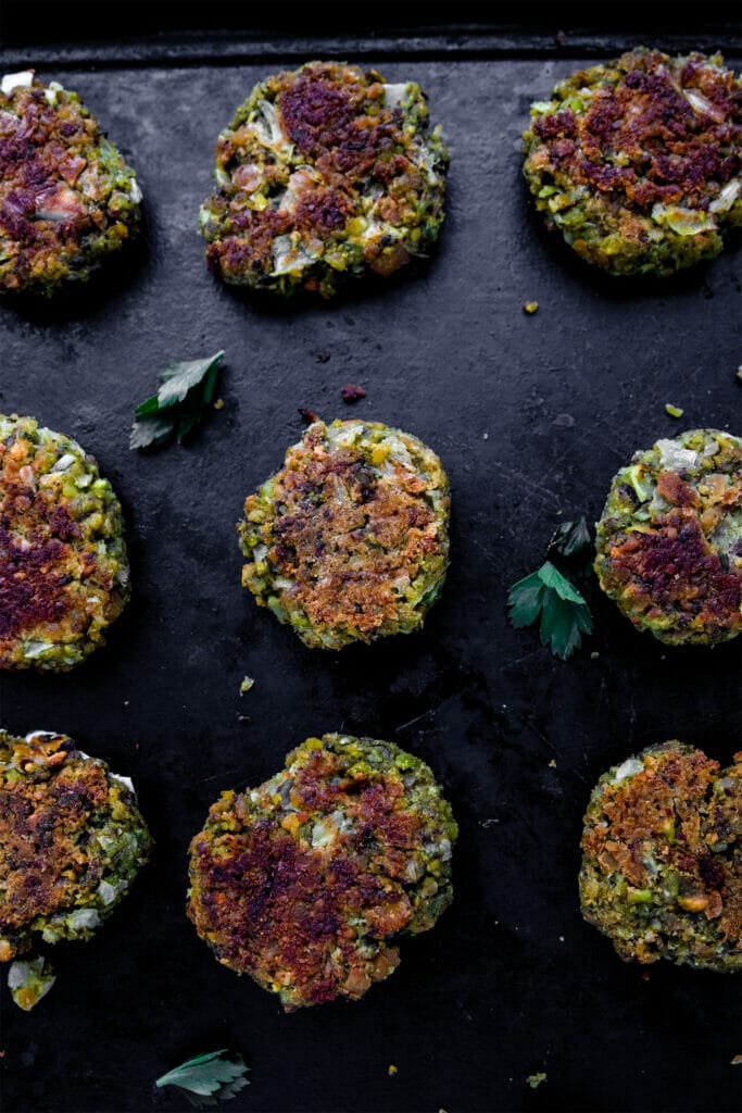 tray of vegan pistachio falafel with herbs