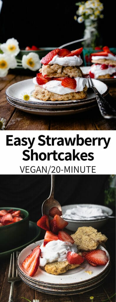 These Vegan Strawberry Shortcakes are totally vegan and come together in a flash! A great spring or summer dessert idea filled with fresh, bright berries and creamy coconut whipped cream.