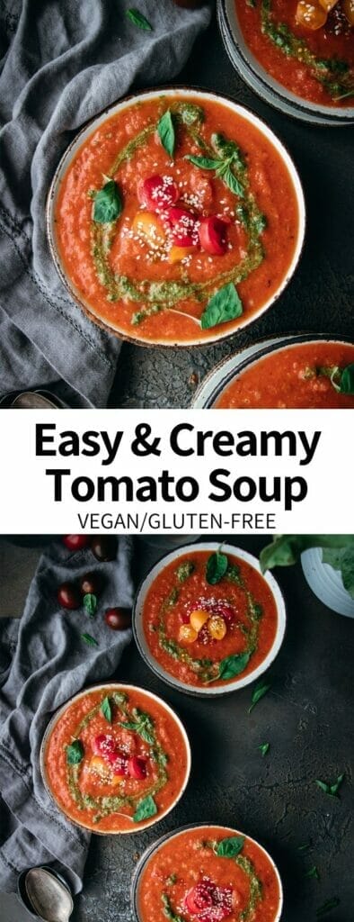 This Easy & Creamy Tomato Soup recipe comes together in just 30 minutes, making it a perfect easy weeknight meal. Add some fun flavor with a swirl of pesto! It's a vegan and gluten-free recipe the whole family will love.