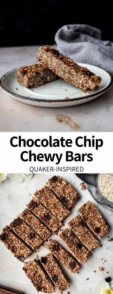 These Chocolate Chip Chewy Bars taste just like the classic Quaker snack! Easy granola bars full of nut butter, quick oats, and dark chocolate chunks. Nostalgic and perfect for snacking!Â 