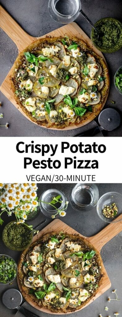 This Crispy Potato Pesto Pizza is easy to make at home and ready in just 30 minutes! Full of fresh flavors and colorful herbs, this vegan dinner is topped with decadent cashew cheese and a creamy green sauce. Perfect for spring and summer dinners!