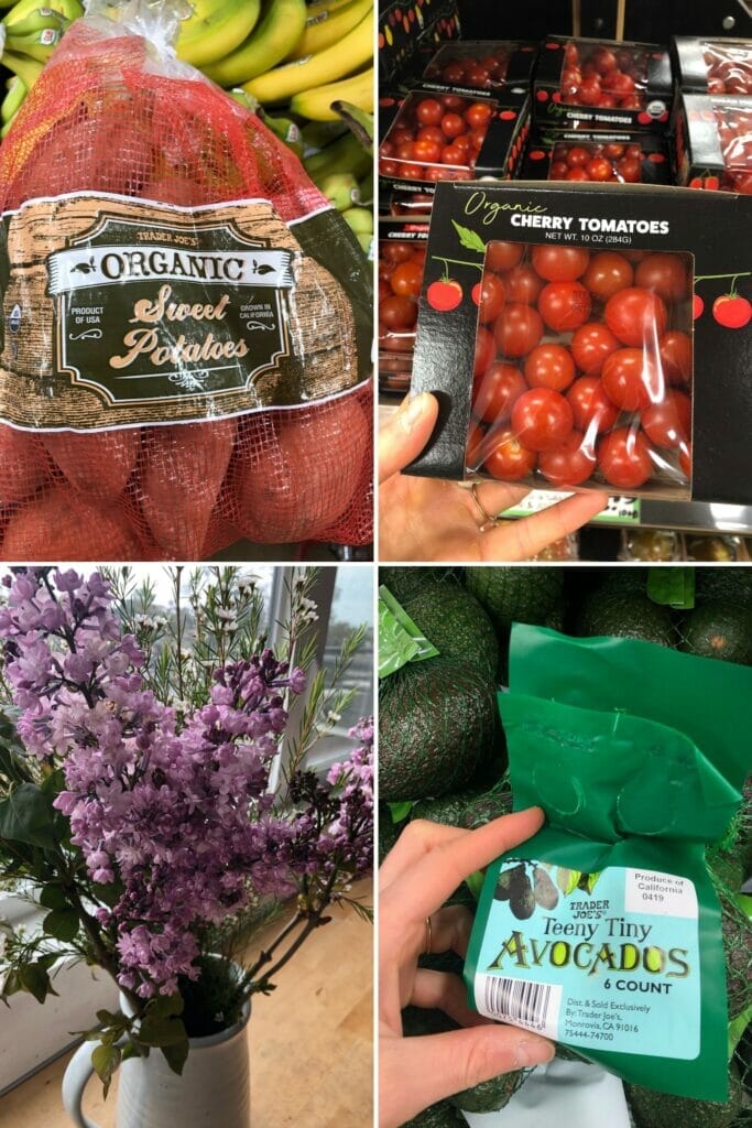 collage image of cherry tomatoes, sweet potatoes, lilacs, and avocados