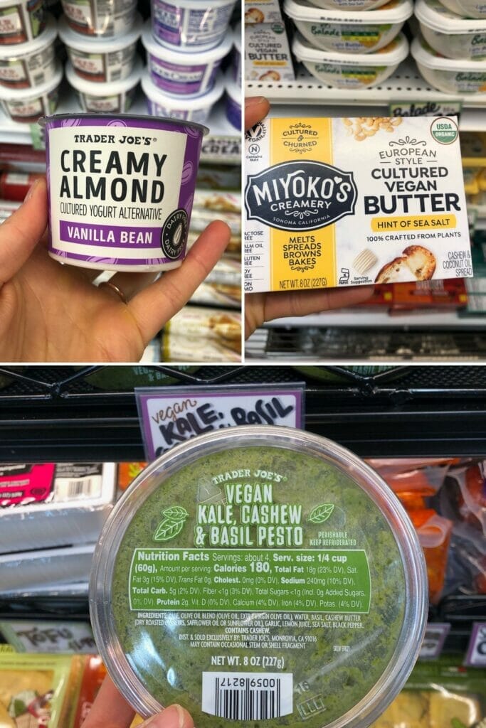 collage image of fridge items from trader joes - pesto, butter, and yogurt