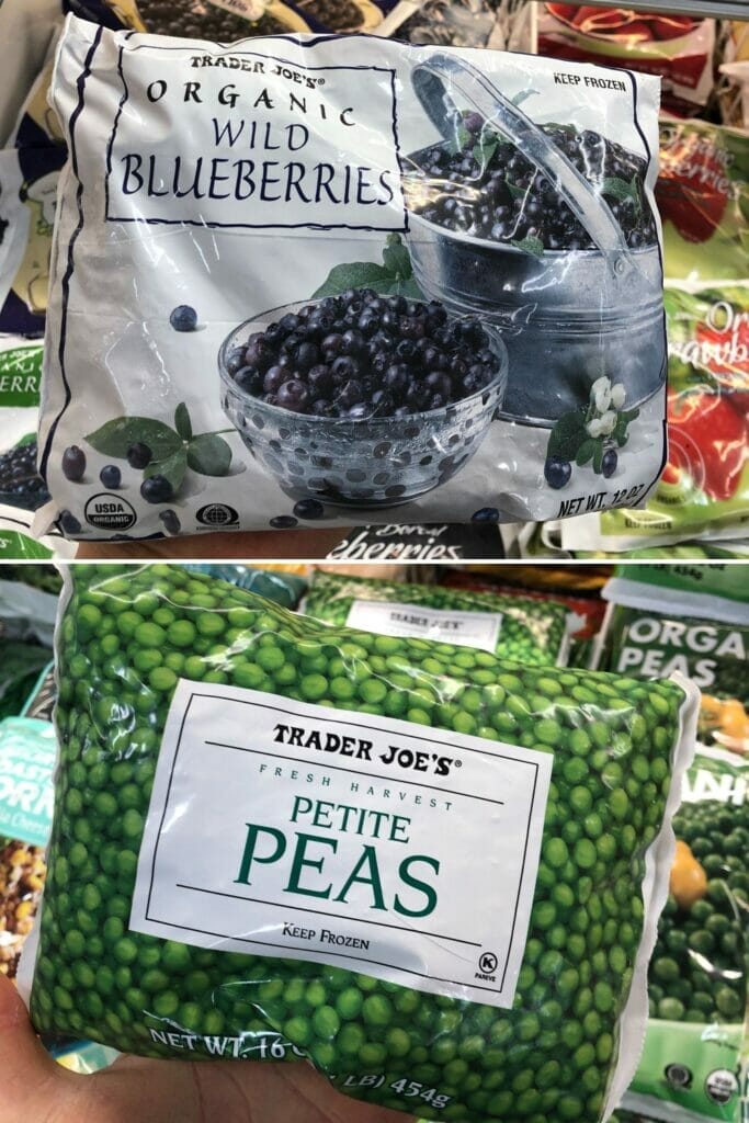 best trader joes freezer items of a collage of blueberries and frozen peas 