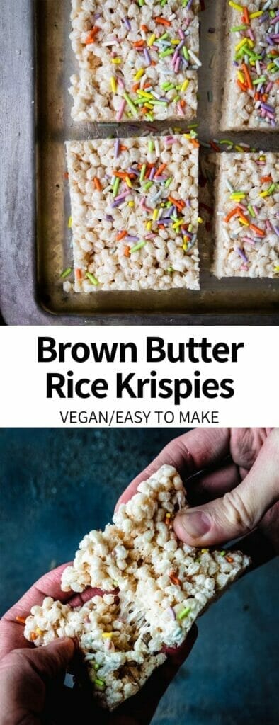 These Brown Butter Rice Krispies are made with just three ingredients! This recipe is a perfect nostalgic dessert the whole family will enjoy, easily made vegan with no baking required.Â 