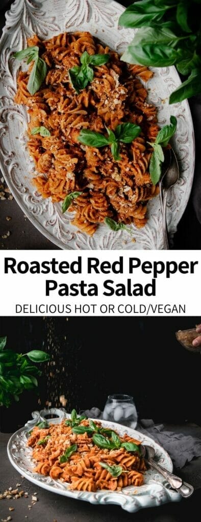 This Romesco Pasta Salad Recipe is full of flavor from roasted red peppers, sun dried tomatoes, fresh basil, and cheesy breadcrumbs. It is delicious hot or cold and great for picnics and cookouts. Vegan and easily gluten-free!