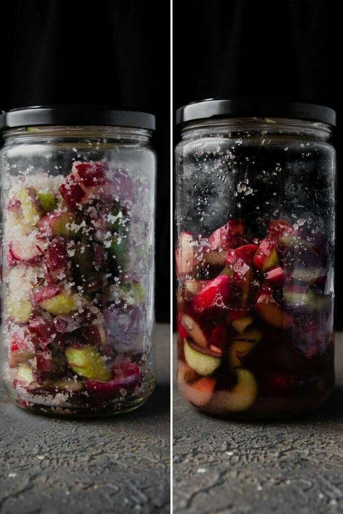 side by side view of rhubarb in a glass jar before and after liquid has released