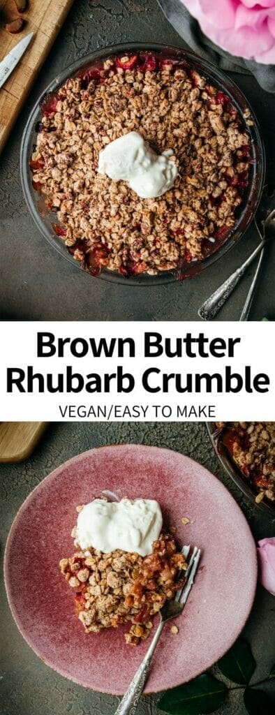 This recipe for Brown Butter Rhubarb Crumble is tart, sweet, and slightly spiced with notes of cinnamon and cardamom. Flexible enough for a weeknight dessert, this customizable crisp recipe is a guaranteed crowd pleaser! A dish that is naturally vegan with gluten-free options.Â 