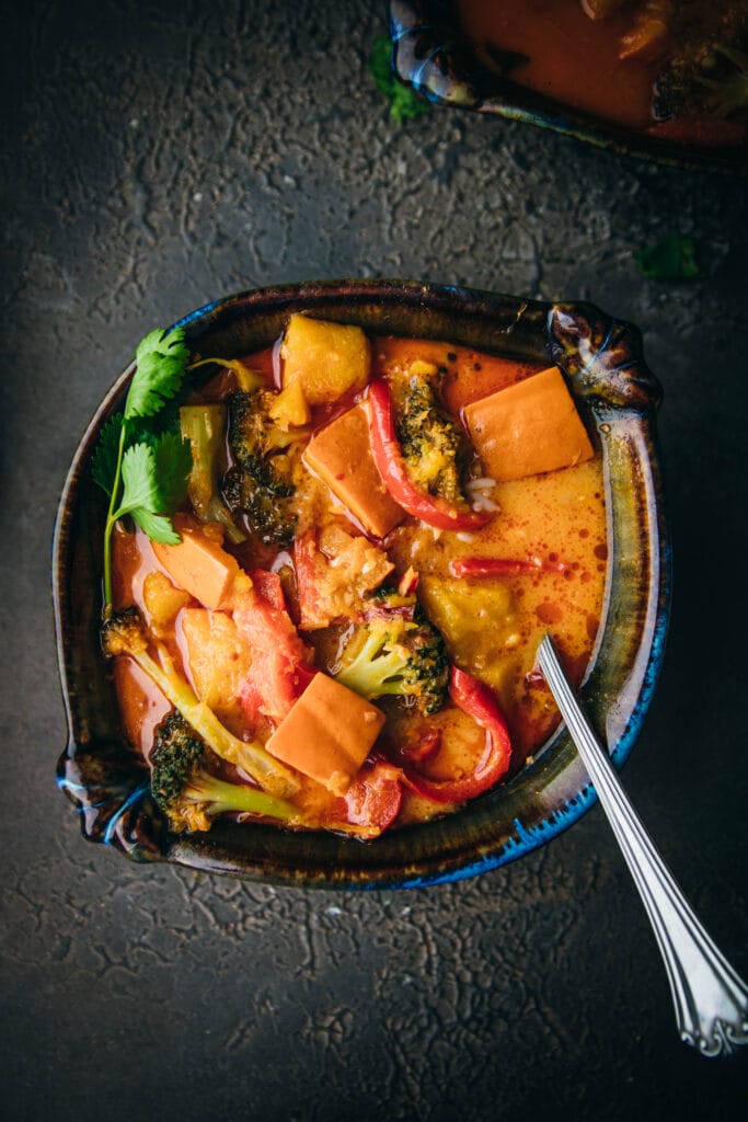 overhead shot of a bowl of pumpkin vegetable curry
