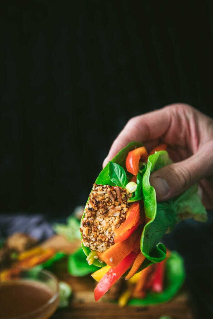 hand holding a butter lettuce wrap with coconut crusted tofu and vegetables