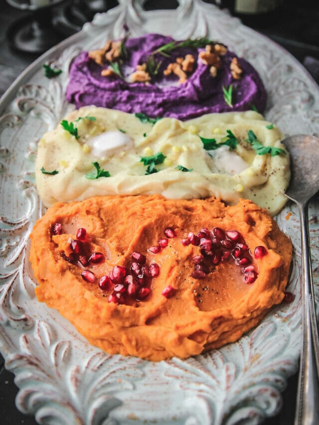 platter of whipped orange, white, and purple sweet potatoes