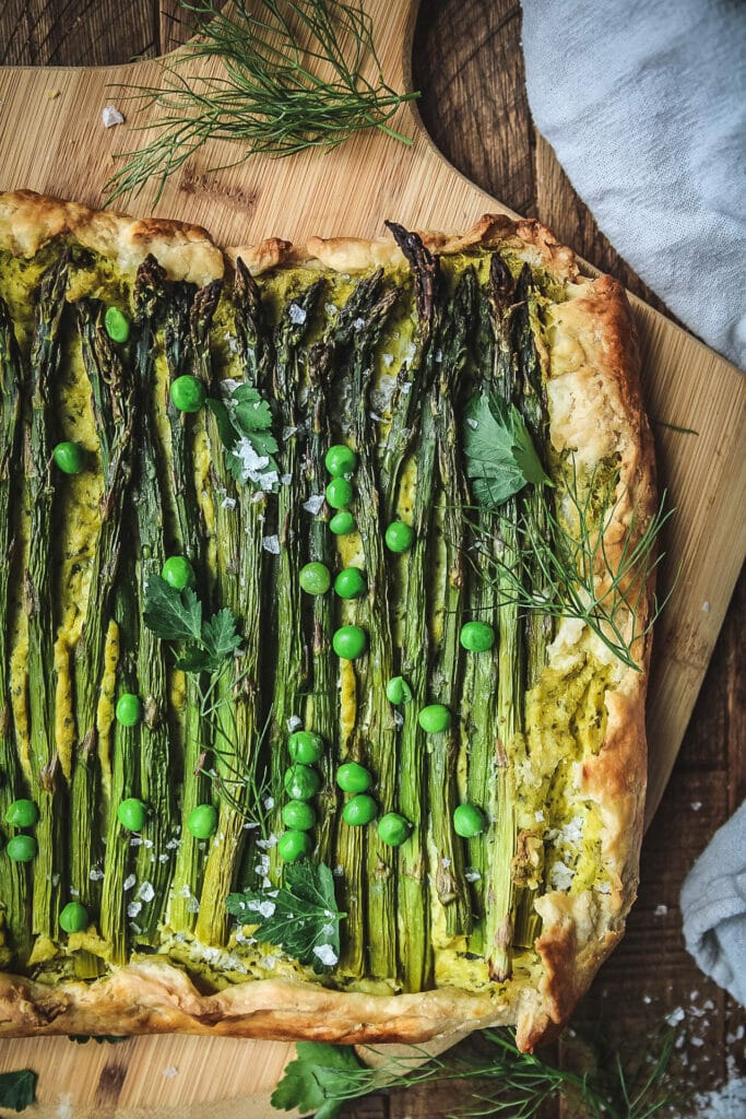 side view of vegan asparagus ricotta galette