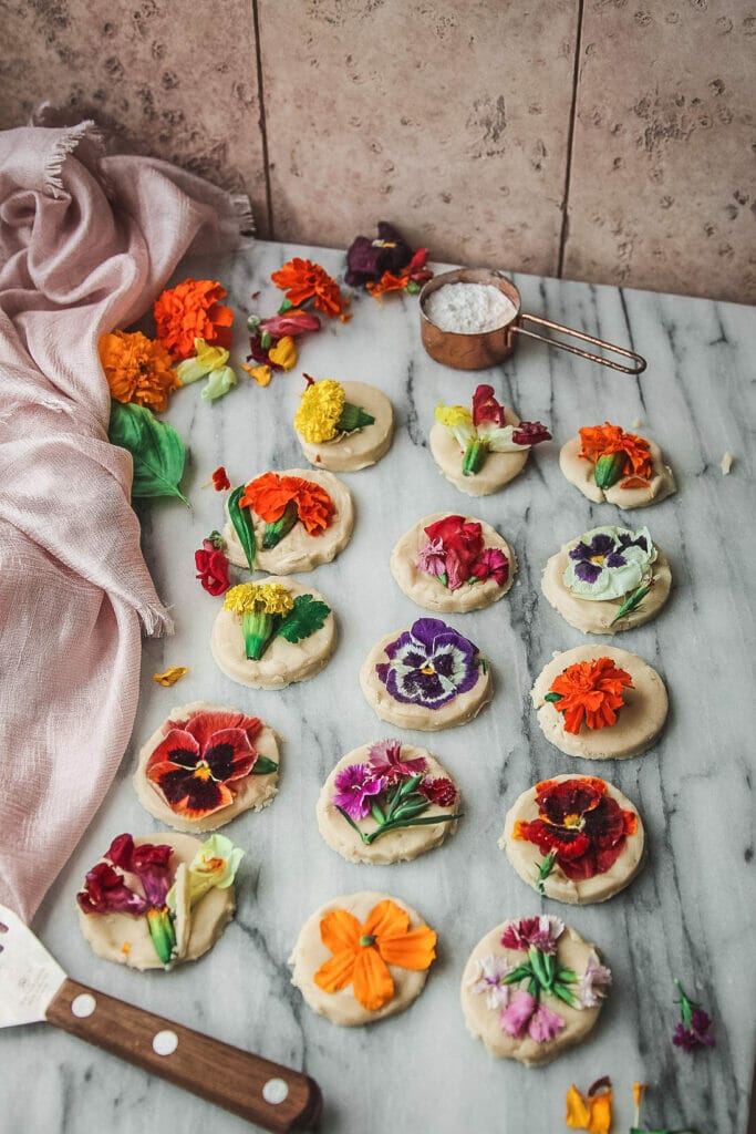 side view of edible flower shortbread cookies