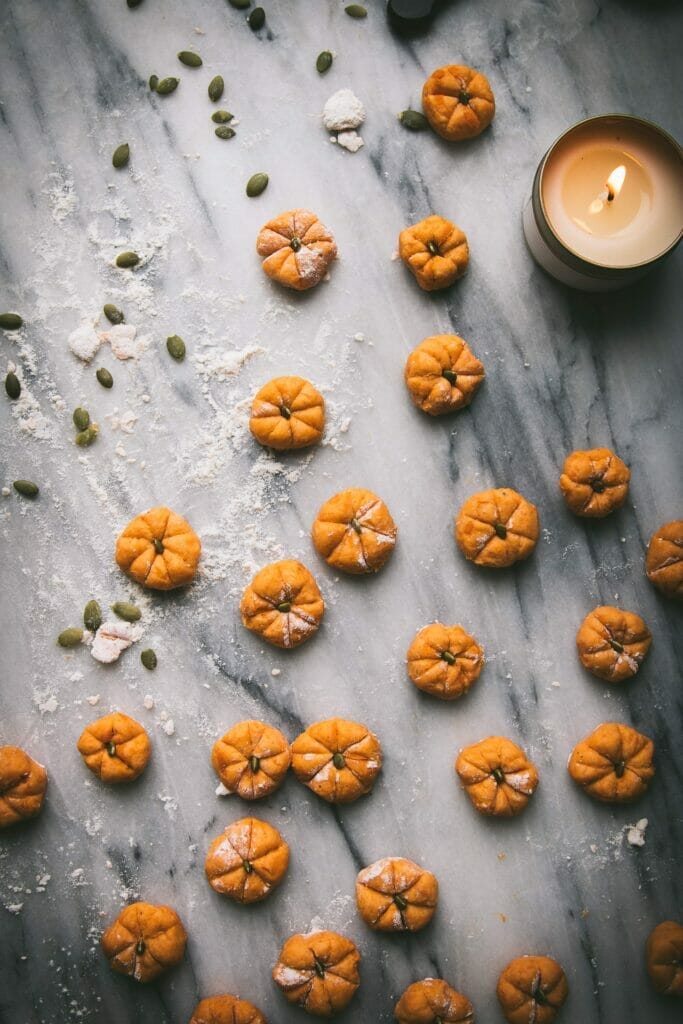 overhead view of pumpkin-shaped gnocchi
