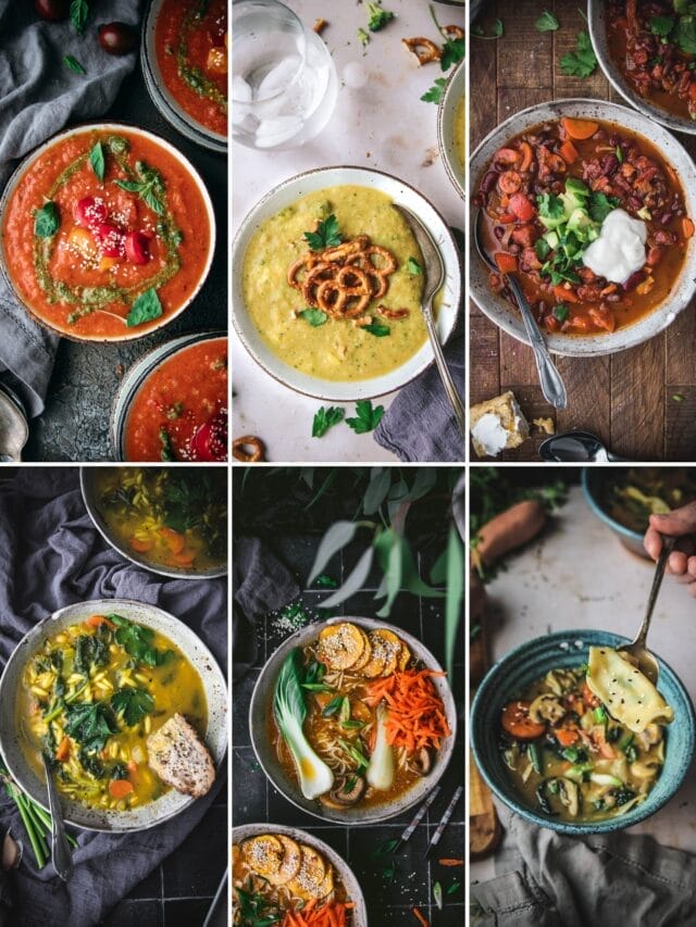 collage of six vegan soups