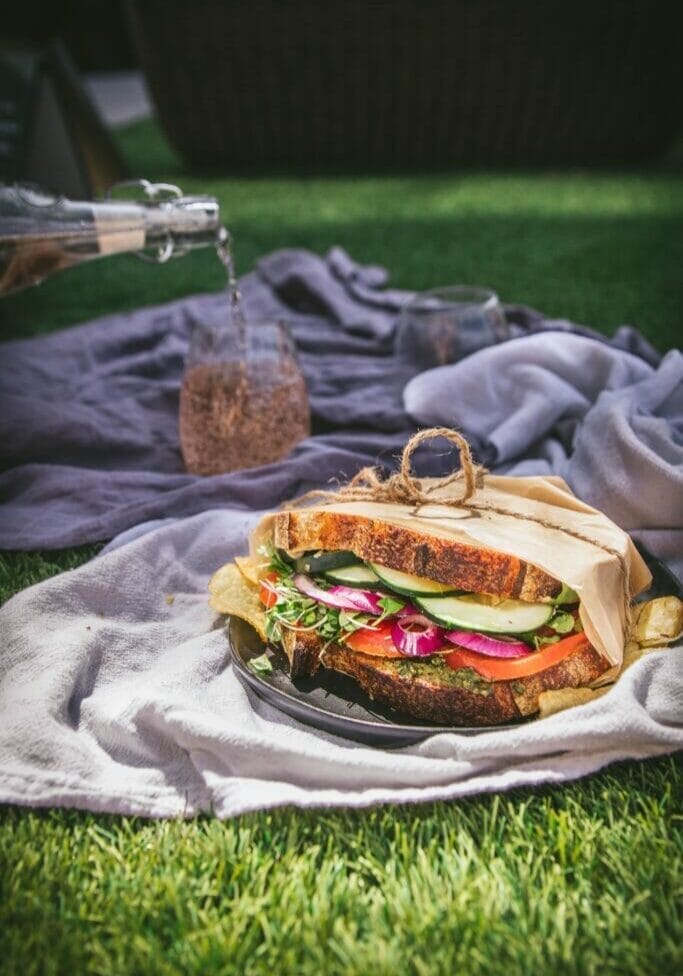 side view of a vegan california veggie sandwich at a picnic on a blanket