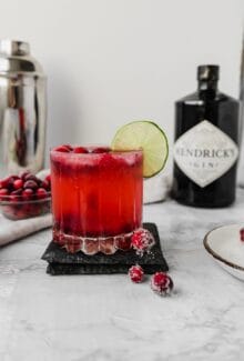 glass of cranberry gin fizz on a marble board in front of Hendricks gin