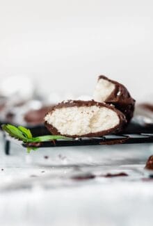 chocolate peppermint patty candy with a mint leaf