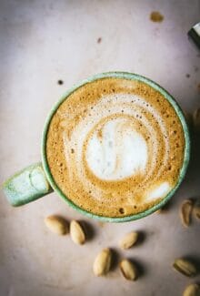 close up of vegan salted pistachio latte